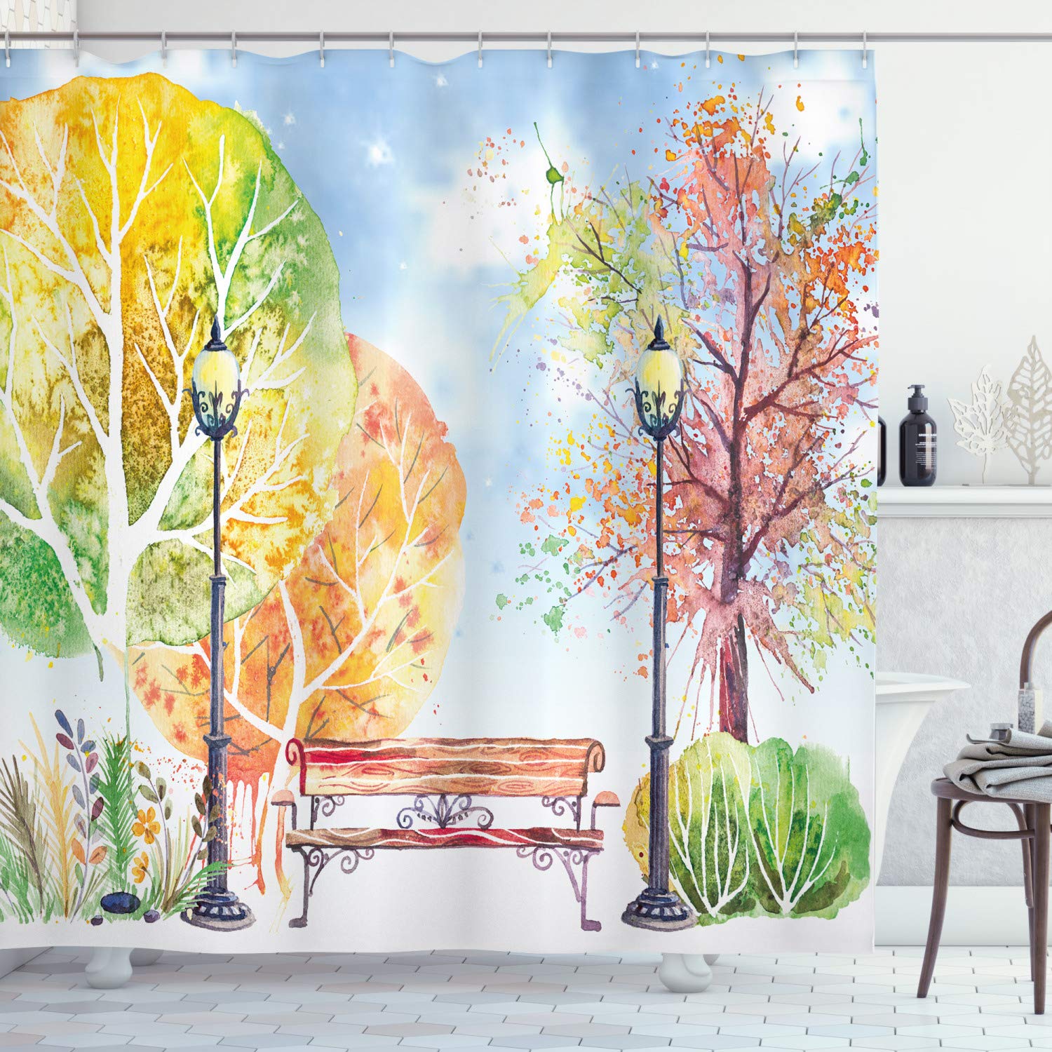 ABAKUHAUS Landscape Shower Curtain, Hand Drawn Watercolor Autumn Park Trees Shrubs Bench and Lanterns Nature Artwork, Cloth Fabric Bathroom Decor Set with Hooks, 86 Inches Extra Long, Multicolor
