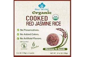 BLUE ORCHID ORGANIC Organic Cooked Thai Red Jasmine Rice - Ready to Eat Microwaveable Pouch Steamed Rice - 6 x 4.6 OZ Pouch (Red Jasmine 6 Pouch)