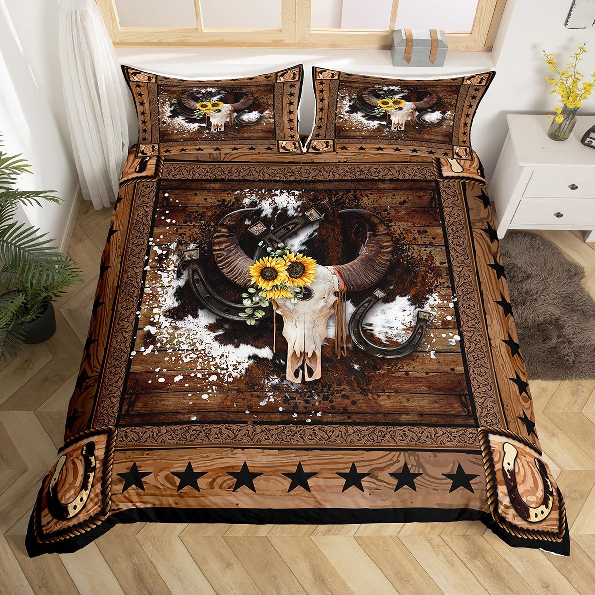 Cow Skull Kids Duvet Cover Double Size,Western Cowboy Texas Star Horseshoes Bedding Set,Boys Girls Adults Room Decor,Cow Fur Wooden Plank Rustic Comforter Cover,Brown Quilt Cover,2 Pillowcases
