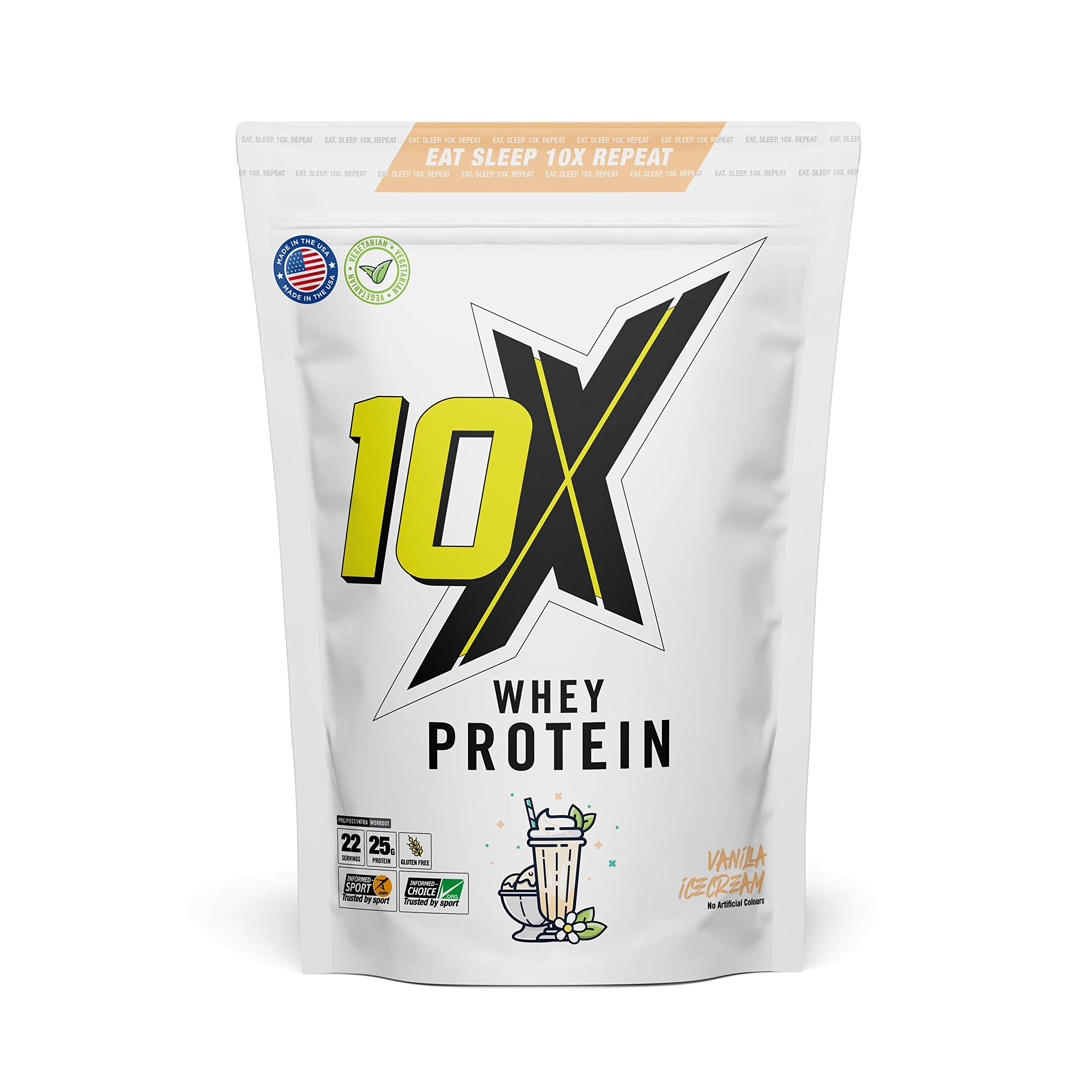 10X Whey Protein Powder - Vegetarian, Sugar-Free and Gluten-Free Whey Powder - Vanilla Ice Cream - (22 Servings)
