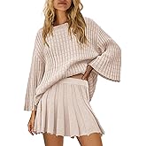 Yanekop Womens 2 Piece Sweater Skirt Set Loose Matching Lounge Sets Comfy Pajamas Set Long Sleeve Top and Skirt Sets