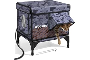 WAGSTRO Heated Cat House for Outside, Insulated Weatherproof Heated Outdoor Cat House with Waterproof Eaves & Escape Door, Elevated Outdoor Cat Shelter for Feral Stray Cat (Black Camo, 16.5"x12.6"x16.9")