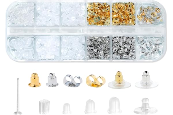 12 Styles -600 Pcs Earring Backs for Earring Making kit, Clear Plastic Earrings Metal Rubber Silicone Earring Backs Bullet Cl