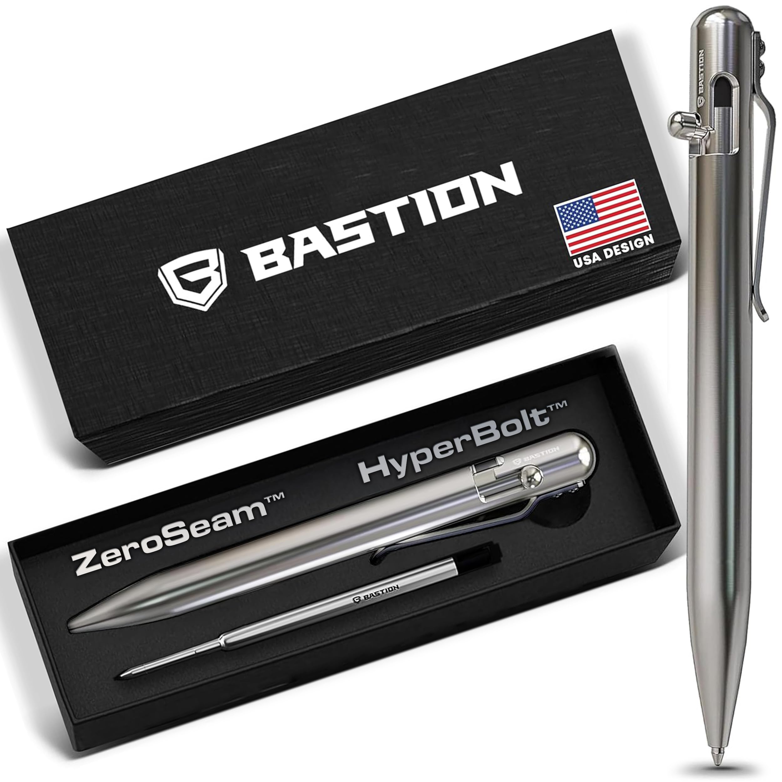 BASTION Luxury Gift Pen Exclusive Hyperbolt™ & Zeroseam™ Stainless Steel Ballpoint, Executive Metal Writing Instrument, premium construction, ideal for professionals, durable precision tool