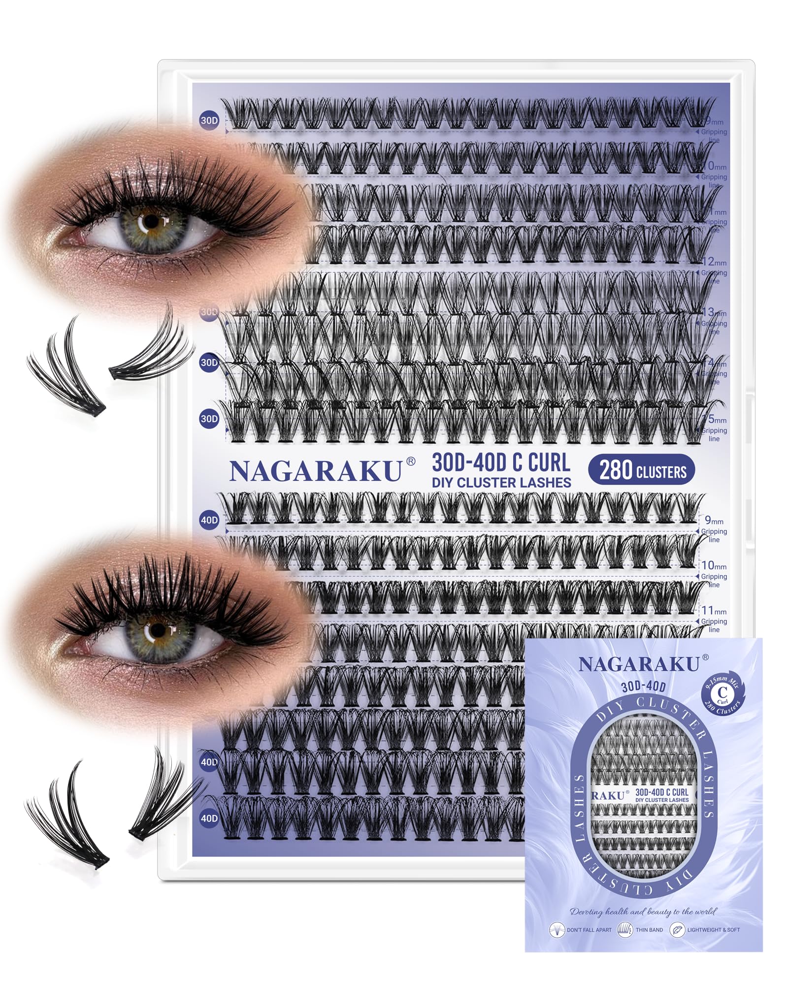 NAGARAKU Lash Clusters, 280pcs 30D&40D DIY Cluster Lashes Individual Cluster Eyelash Extensions Volume False Eyelash Thin Band Lash (Black, 0.07mm C Curl 9-15mm Mix Length) — image 1