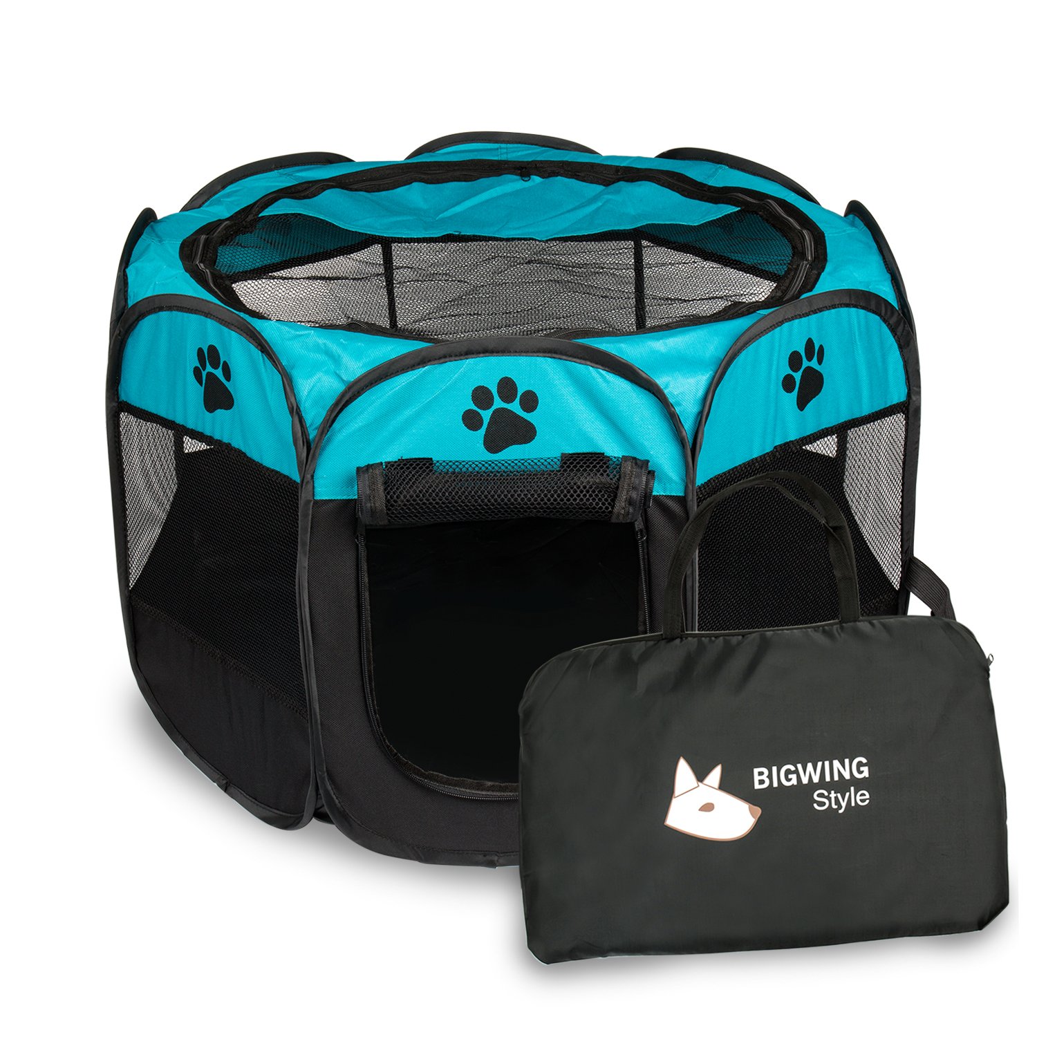 BIGWING Style Dog Playpen,Portable Foldable Puppy Playpen,Carrying Bag| Indoor/Outdoor use | Water Resistant | Removable Shade Cover | Dogs/Cats/Rabbit (29" x 29" x 17", Blue)