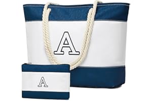 Becokan Initial Beach Bag Waterproof Canvas Beach Tote Bag Zipper Personalized Gifts for Women Her Birthday Travel Essentials