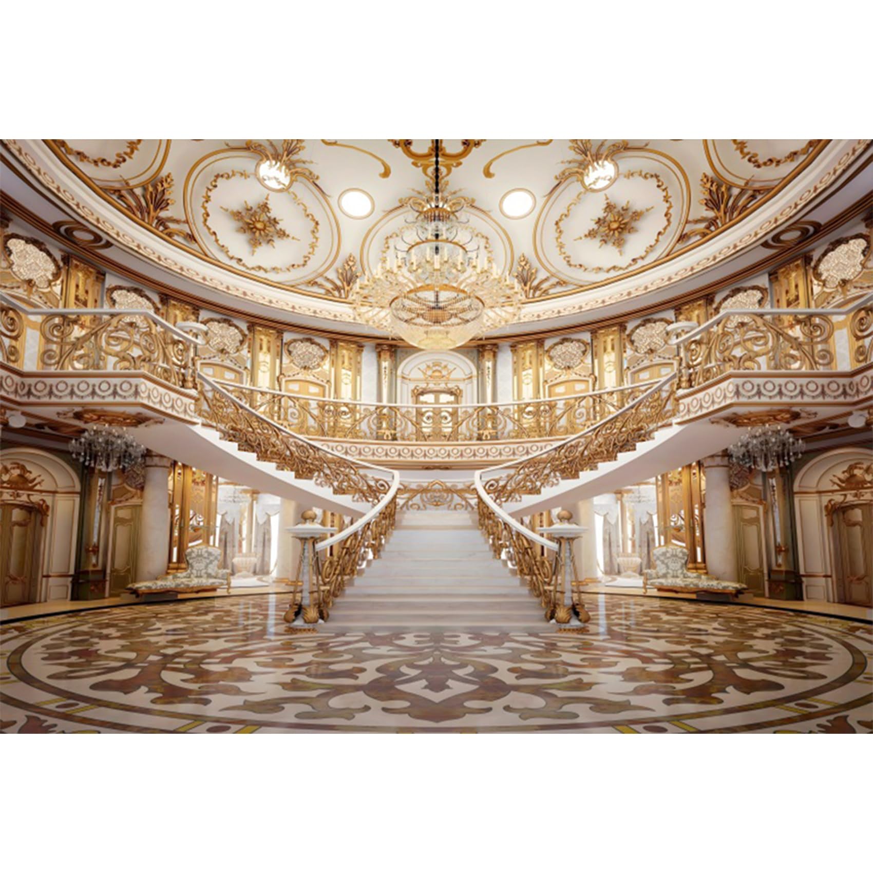 Photo 1 of Baocicco 12x10ft Retro Palace Backdrop for Photography Gold Hall Staircase Luxury Chandelier Ceiling Mural Photography Background Wedding Photoshoot Bride to Be Party Photographer Studio Props