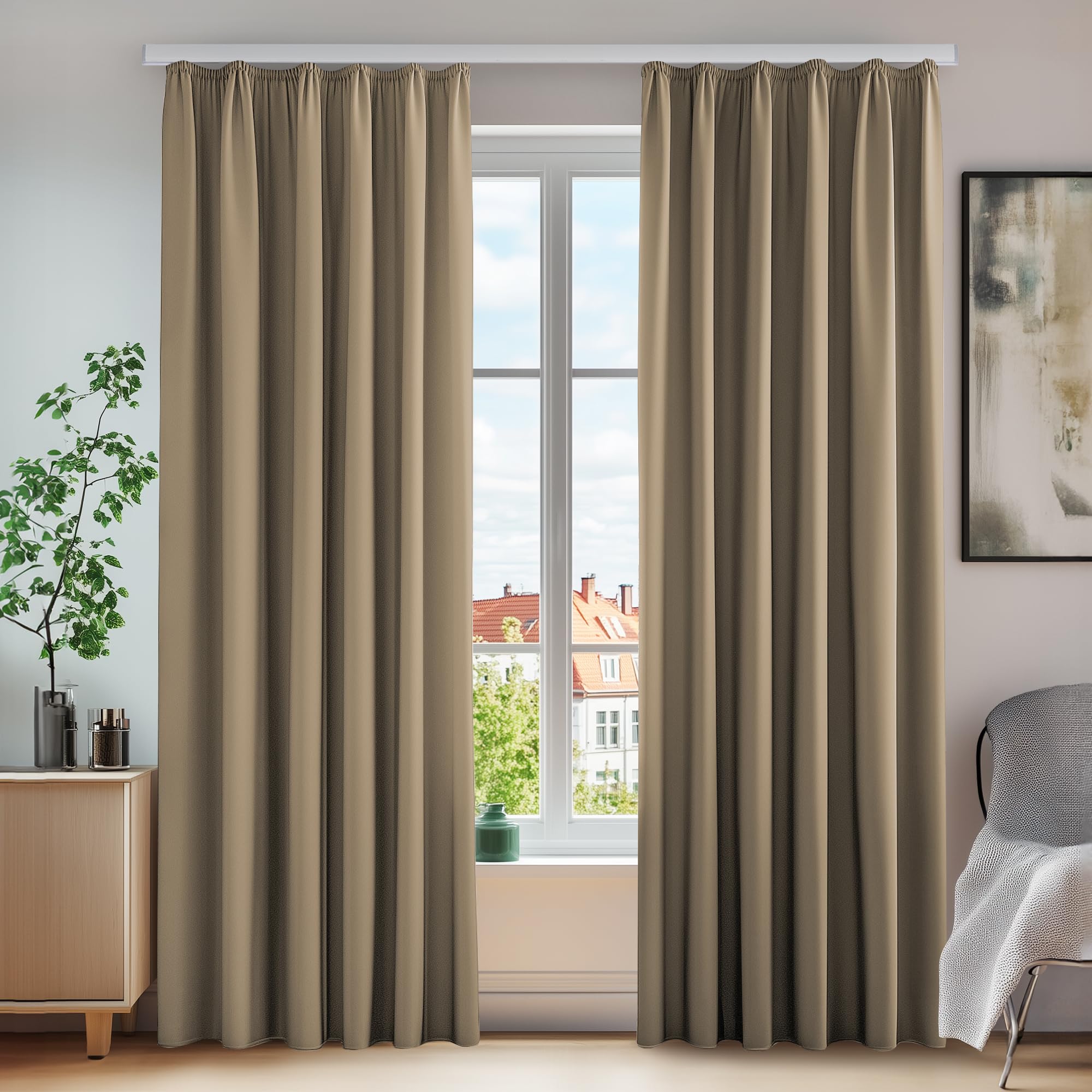 Deconovo Home Decoration Drapes Thermal Insulated Blackout Curtains Pencil Pleat Curtains for Living Room W55 x L54 Inch Khaki 2 Panels