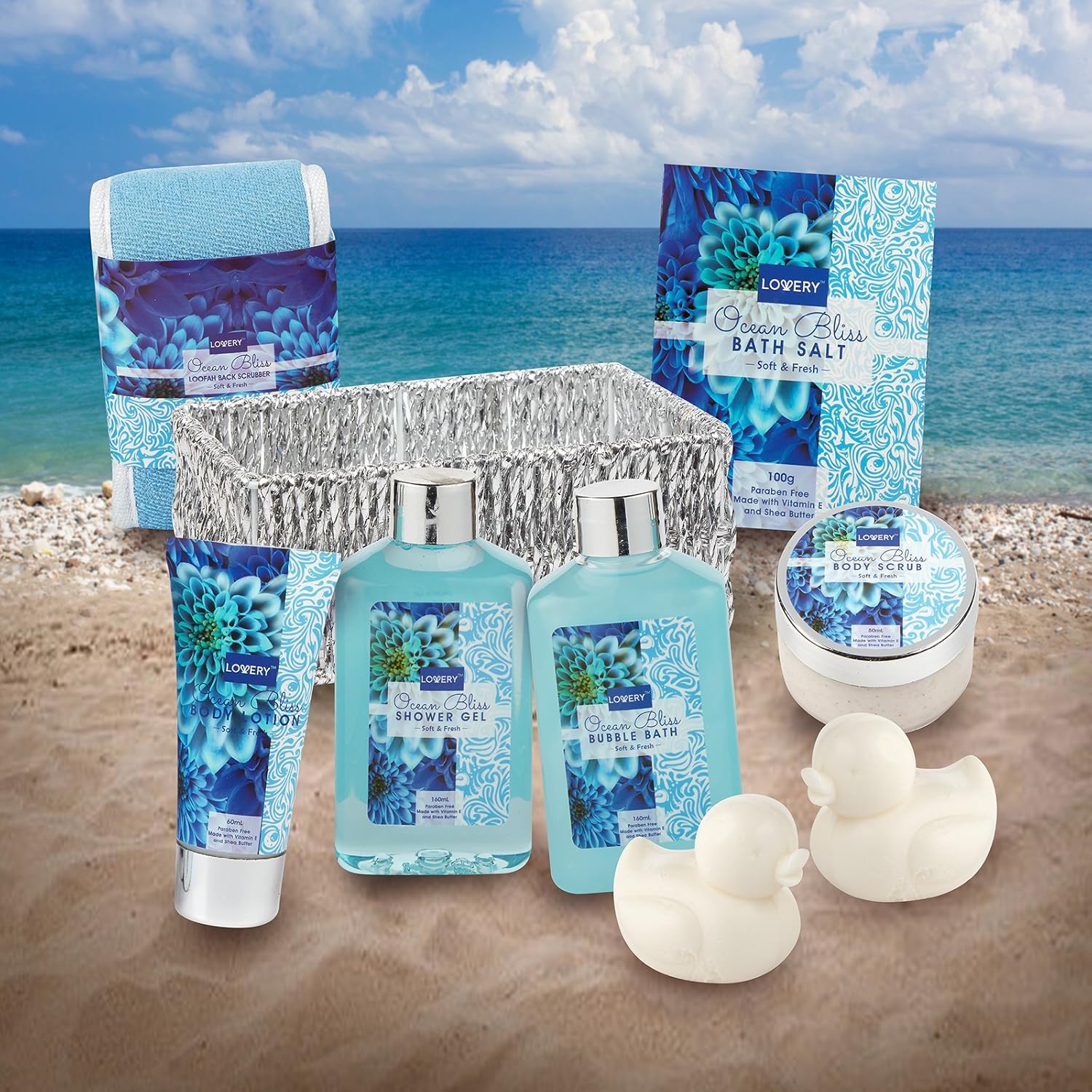 Home Spa Gift Basket in Heavenly Ocean Bliss Scent - 9 Piece Bath & Body Set With Shower Gel, Bubble Bath, Salts, Lotions & more! Great Wedding, Anniversary, Birthday & Graduation Gift for Women & Men : Beauty