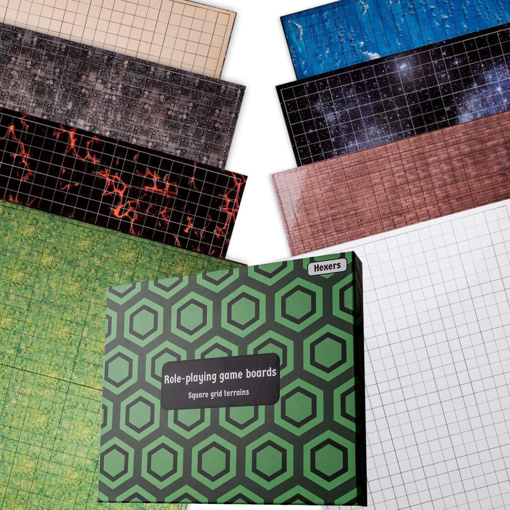 Hexers Role-Playing Game Board, Square Grid Terrains, 8 Different terrains, Dungeons and Dragons DND Pathfinder RPG Compatible, 27 on 23 inches, 1 inch Squares, Foldable & Dry Erase