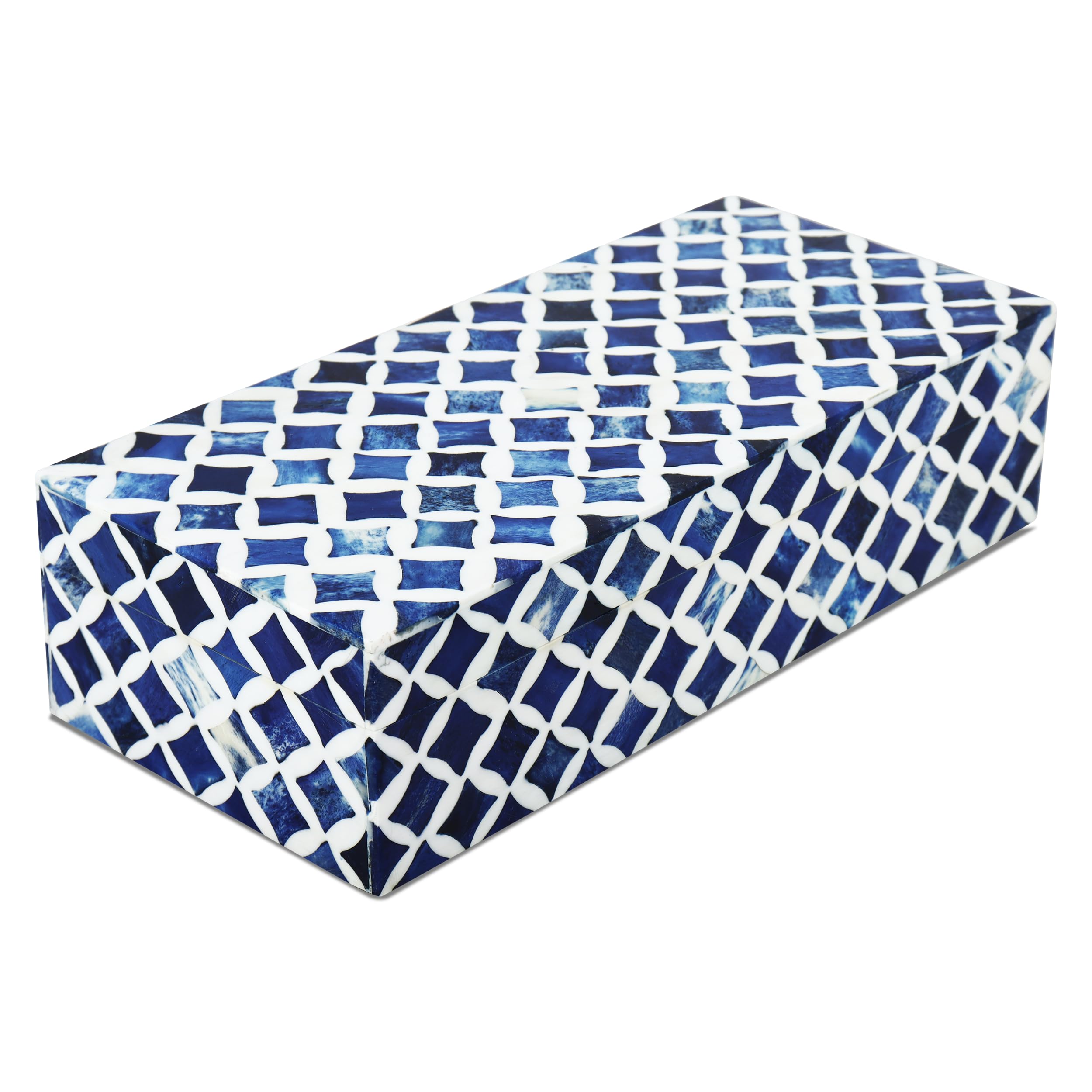 Handicrafts Home Decorative Storage Box with Lid, Moroccan Coffee Table Storage Box Organizer, Wooden Keepsake Jewelry Box, Decorative Desk Console Storage Box, Blue & White, 10 x 4.5 x 2.5 Inch — image 1