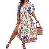 Floerns Women's Plus Size Tribal Print Dolman Sleeve Slit Summer Maxi A Line Dress