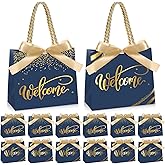 Kolldenn 30 Pcs Small Welcome Metallic Gift Bags with Handles and Bow 5.5x2.4x4.8'' Mini Navy Blue Paper Bag Bulk Gold Foil Valentine Welcome Party Favor for Wedding Church Visitors Guests Birthday