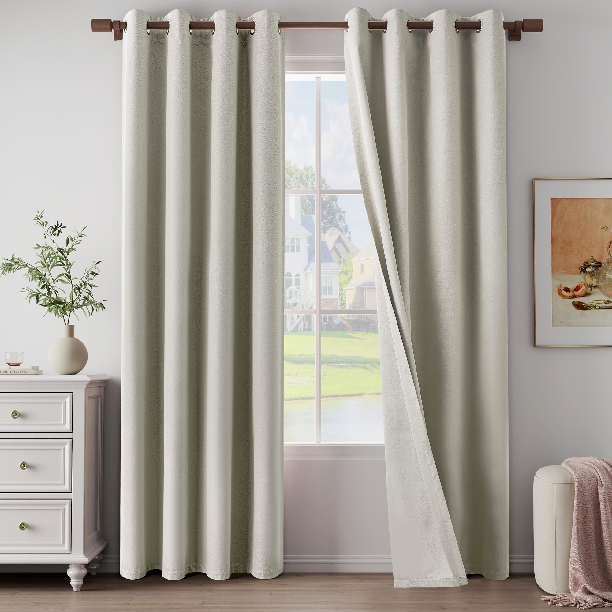 Photo 1 of 100% Blackout Linen Textured Curtains 84 Inch Length 2 Panels Set for Living Room, Bedroom, Full Blackout Curtains with Grommets Top, Natural Linen, 52" W x 84" L, 2 Panels