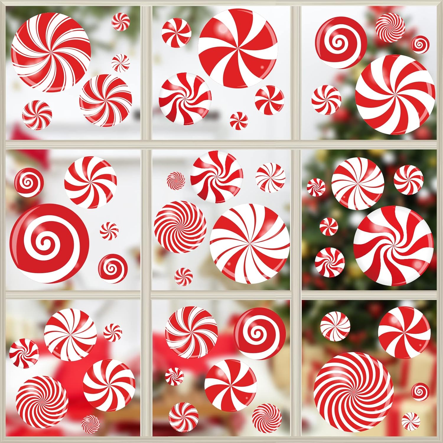Window Treatments - 49PCS Christmas Window Clings Christmas Candy Window Clings Christmas Red Candy Decorations Peppermint Candy Christmas Window Decals for Glass Window Xmas Holiday Home Office School Decorations