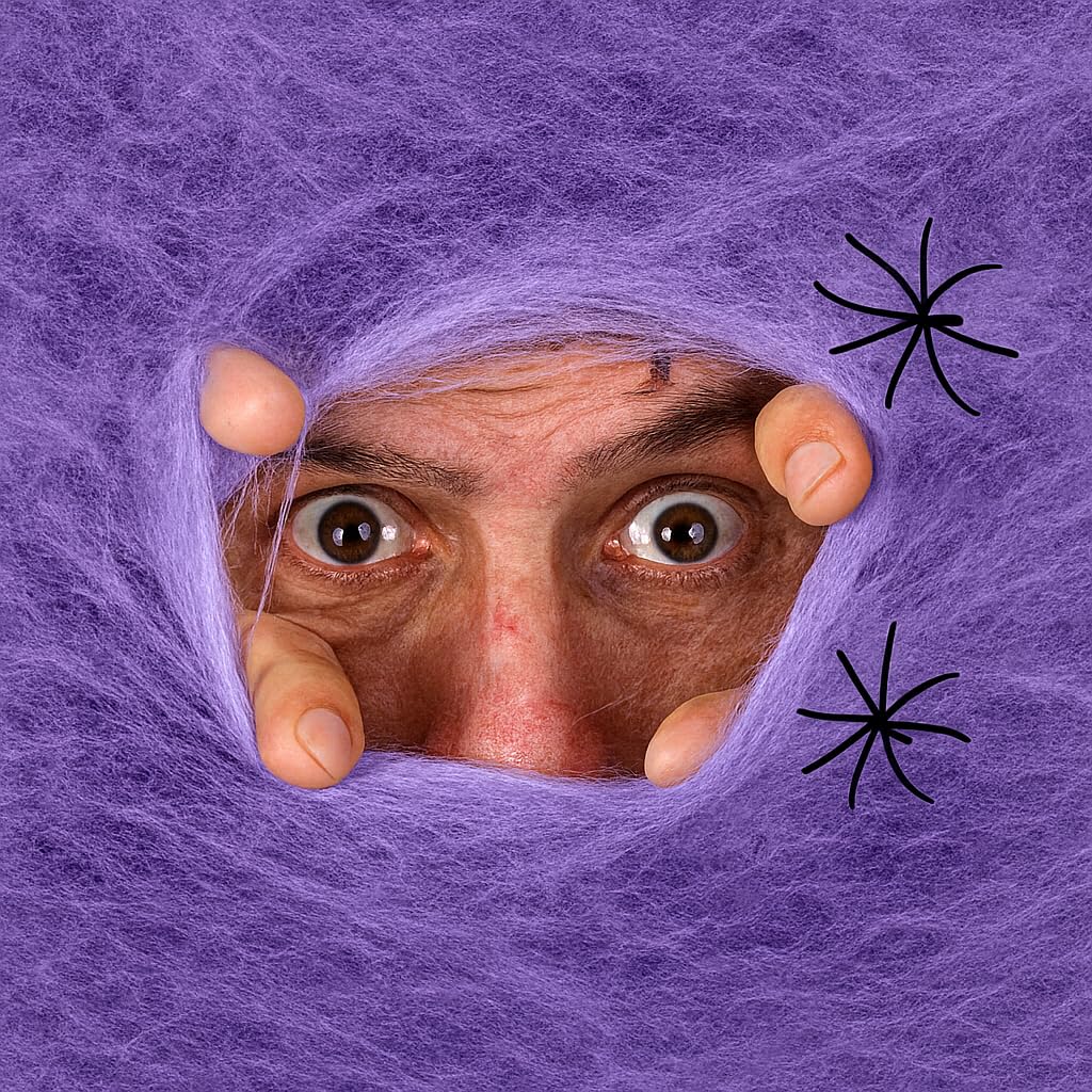 Komonee 5 x Spiderweb Halloween Stretchy Fake Spider Cob Web with Spiders Indoor Outdoor Garden Haunted House Party Decoration Purple — image 1