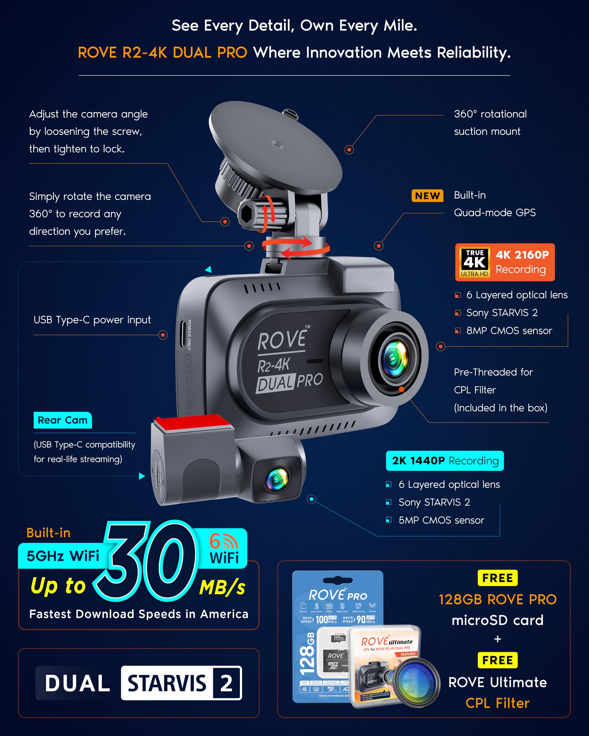 ROVE R2-4K Dual PRO Dash Cam Front and Rear, True 4K+2K Dash Camera for Cars, STARVIS 2 IMX678 + IMX675 Sensors, Free 128GB Card + CPL, WiFi 6 - up to 30MB/s Download Speed, 3