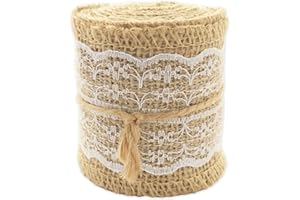 LWR CRAFTS Natural Burlap Ribbon with Lace (White)