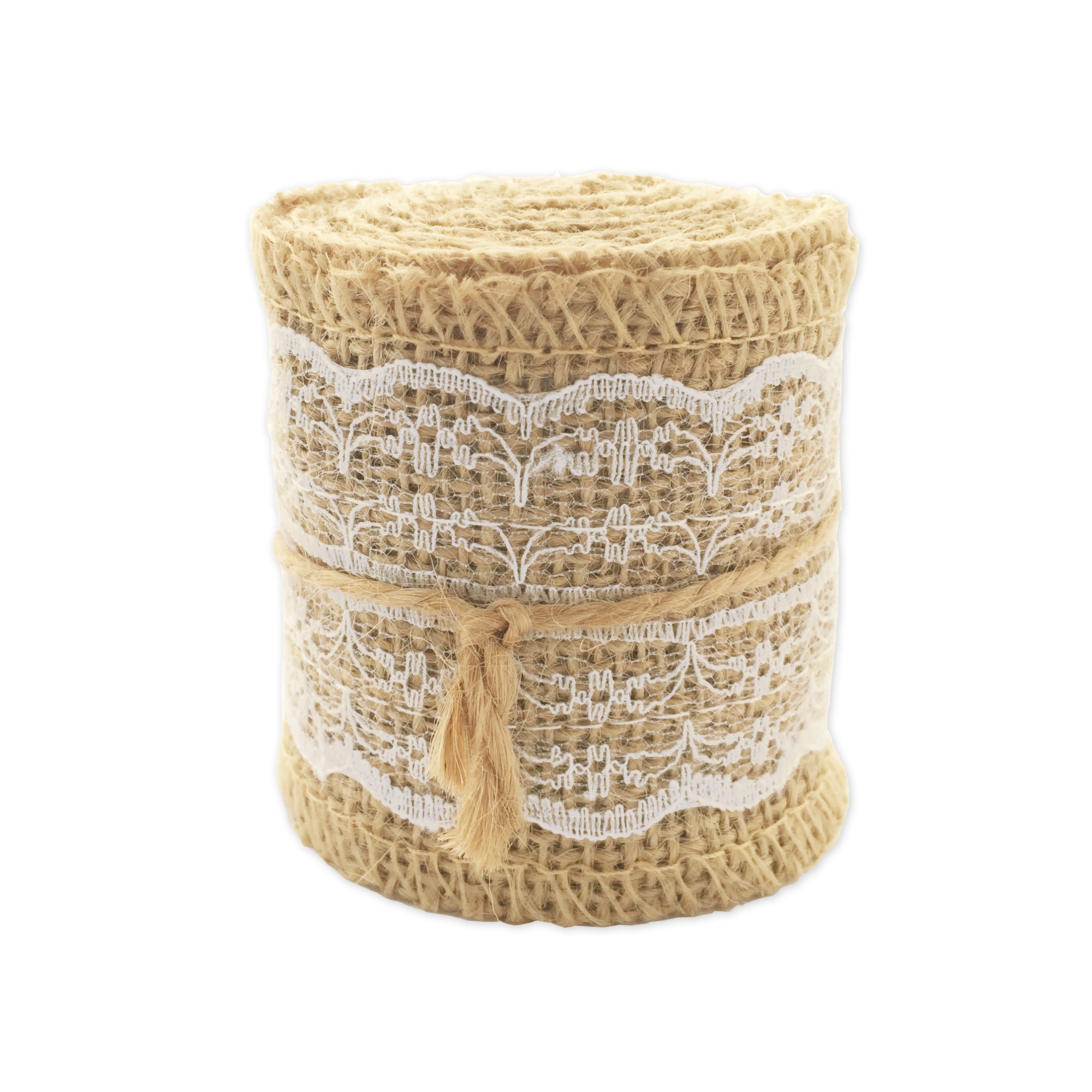 LWR Crafts Natural Burlap Ribbon with Lace (White)