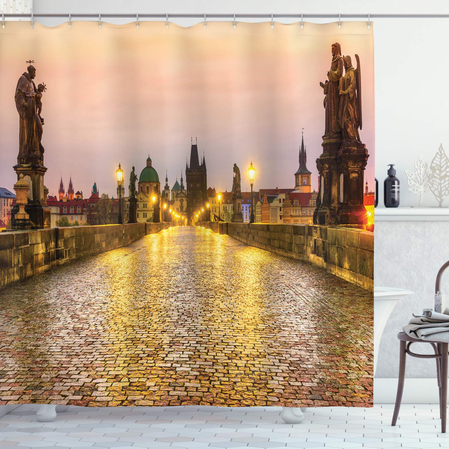 ABAKUHAUS Landscape Shower Curtain, Charles Bridge Old Town Prague Czech Republic with Classic Medieval Buildings, Cloth Fabric Bathroom Decor Set with Hooks, 175 x 200 cm, Yellow Brown
