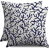 Smozenith Navy Blue Coral Pillow Covers 18X18 Set of 2, Summer Beach Coastal Themed Beachy Ocean Cream Print Decorative Throw Pillowcases Outdoor Farmhouse Seasonal Cushion Cases Couch Sofa Bed Decor