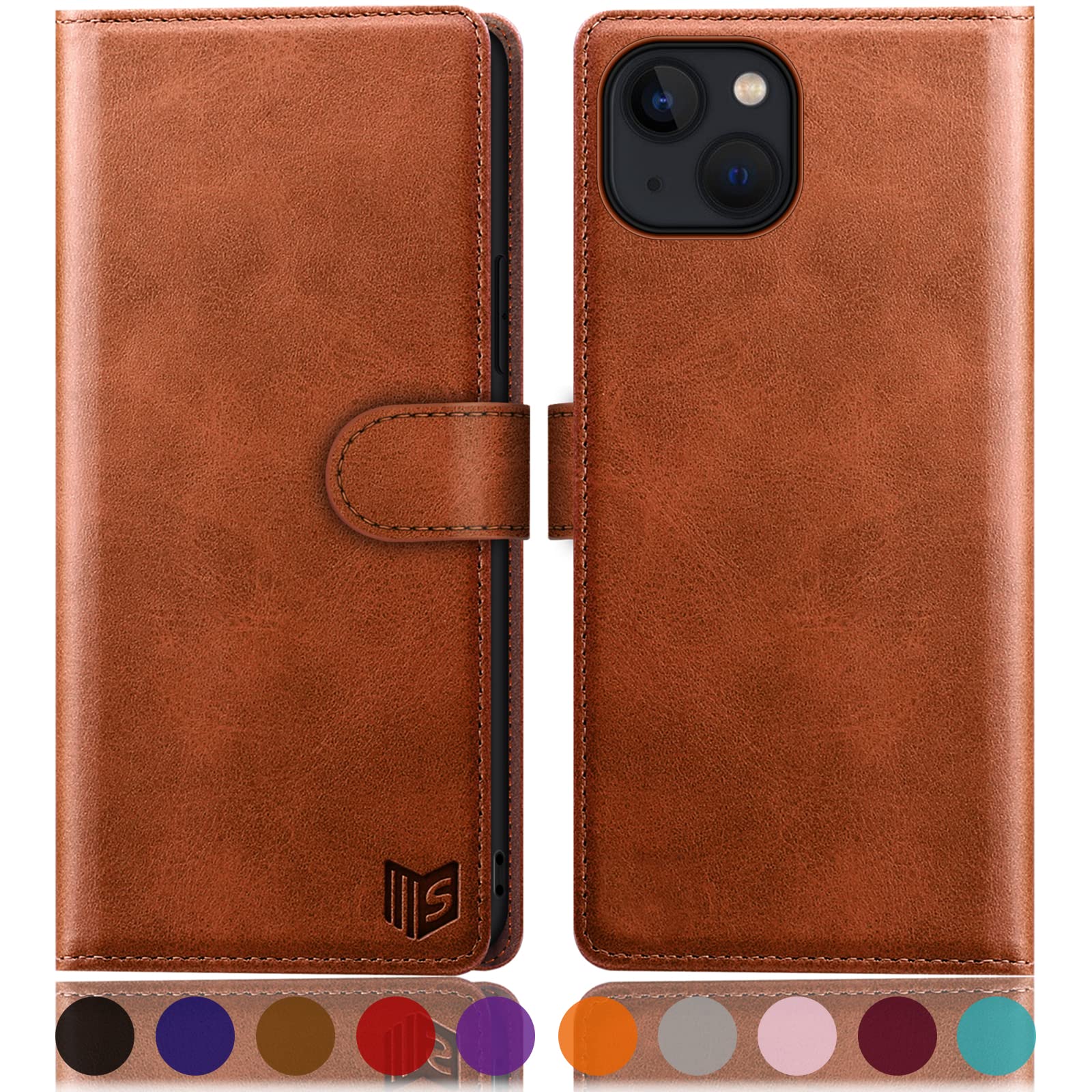 SUANPOT for iPhone 14 6.1 inch case with [Credit Card Holder][RFID Blocking],PU Leather Flip Book Protective Cover Women Men for Apple 14 Phone case Light Brown