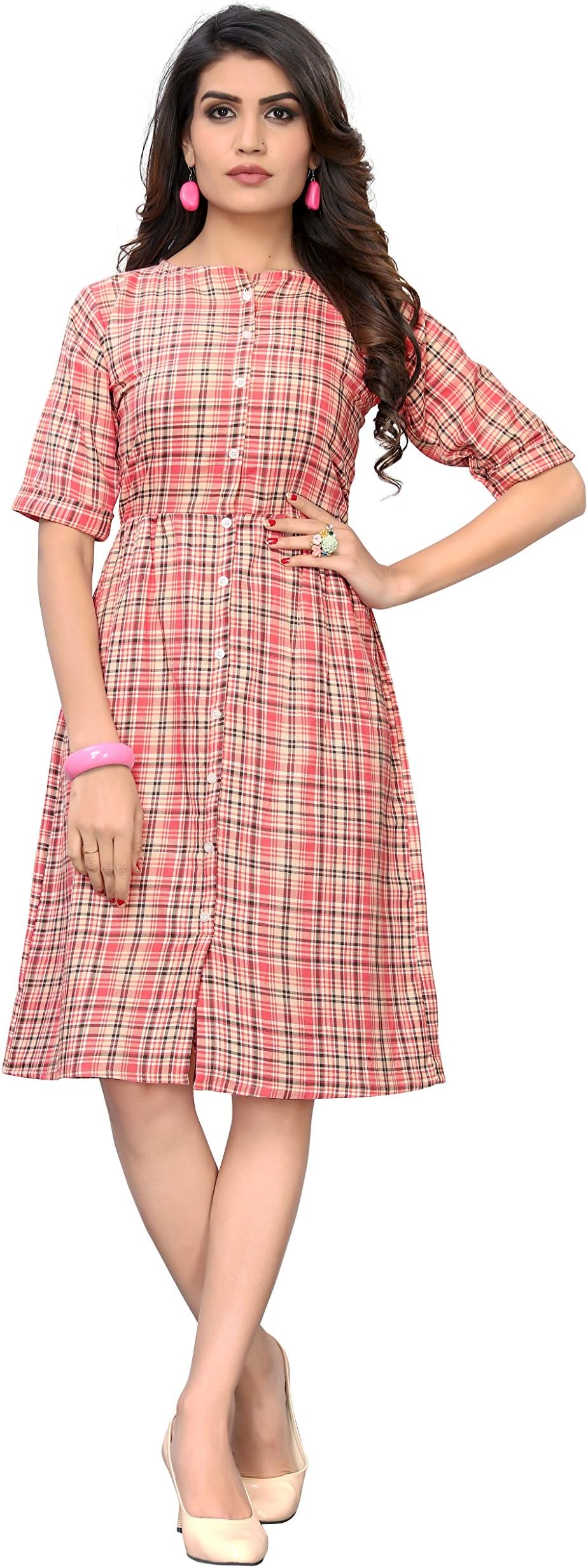 DiEGO Women's Rayon Twill Viscose Checkered Skater Long Dress