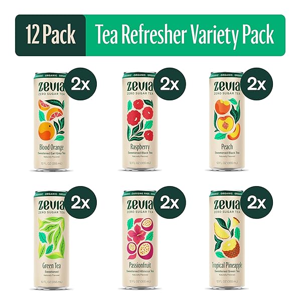 ZEVIA ORGANIC SUGAR FREE ICED TEA, TEA REFRESHER VARIETY PACK, 12 OUNCE CANS (PACK OF 12)