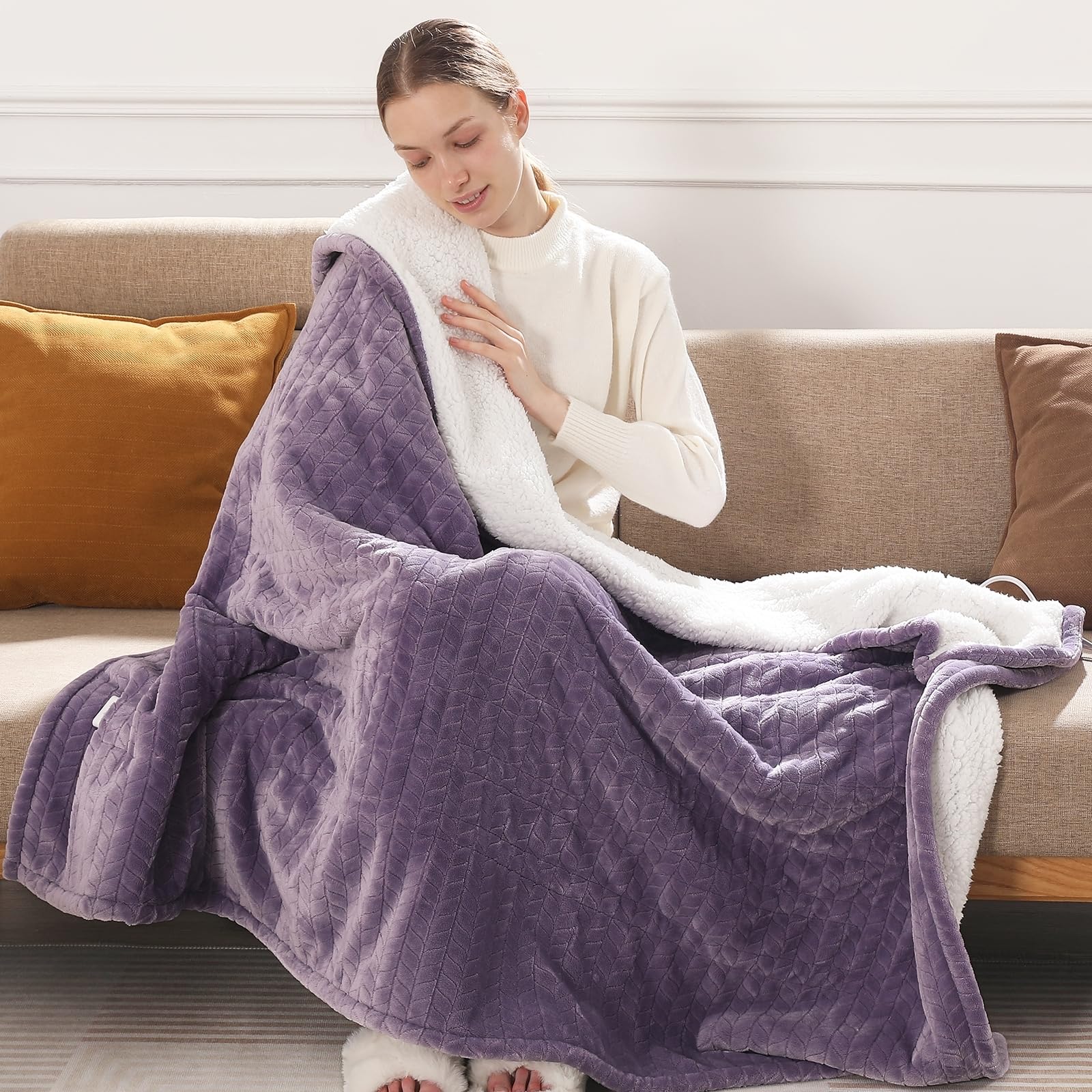 Photo 1 of Electric Blanket Queen 84"x90" Heated Blanket Queen Size Dual Control Wheat Pattern Ultra-soft Flannel & Thick Sherpa with 5 Heat Settings & 10H Auto Off, FCC/ETL Certified, Machine Washable, Lavender