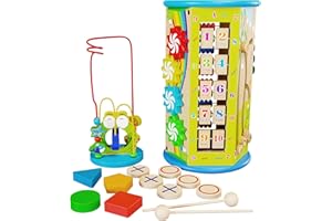 KIDDERY TOYS Wooden Activity Cube for Toddlers 1-3 with Bead Maze - Birthday Gift Busy Baby Activity Cube for Babies 12 Months - Standing Wood Sensory Learning Cube Play Center Toys for 1 Year Old Boys & Girls