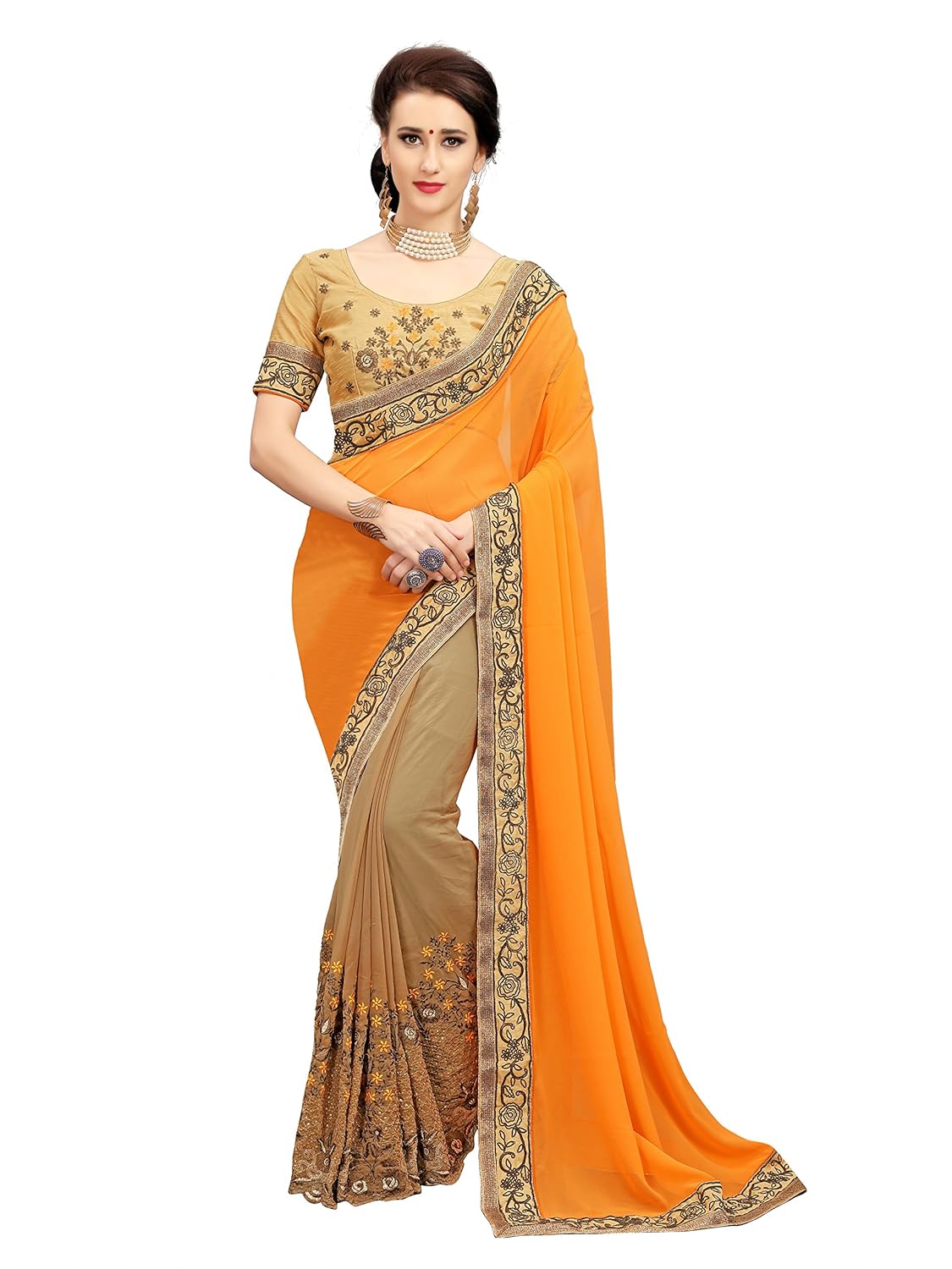 glory sarees georgette with blouse piece (diva102orange_orange and brown_free size)