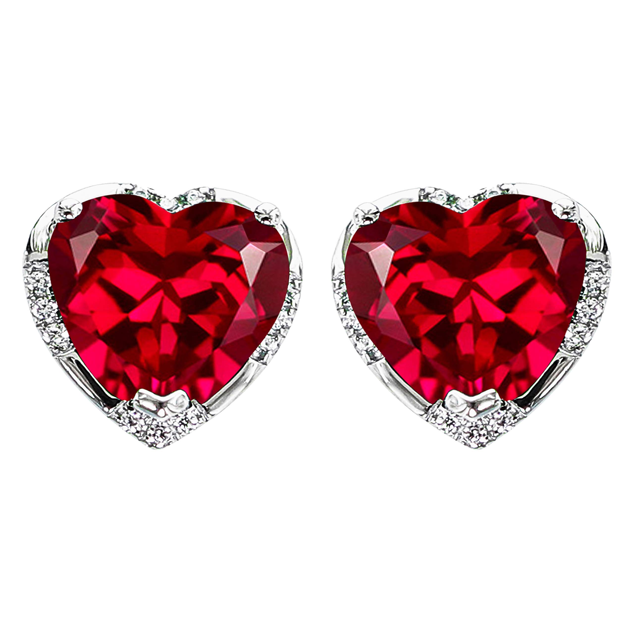 Hiqmic 925 Sterling Silver 4.5ct 8mm Heart shaped Ruby Zirconia Earrings Ear Stud Piercing White Gold Plated Fashion Jewellery Gift, WA91002 Red