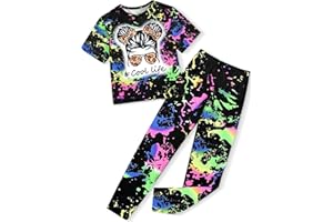 Aulyffo Girls Clothes Tie Dye Girl Outfits Cute Graphic Short Sleeve Tops Long Pants Two Piece Sweatsuits Set 6-14 Years Old