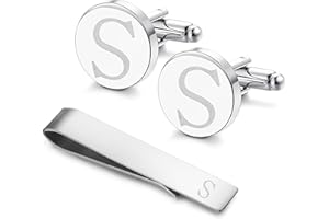 LOYALLOOK Stainless Steel Engraved Initial Cufflinks and Tie Clip Bar Set Alphabet Letter With Gift Box A-Z