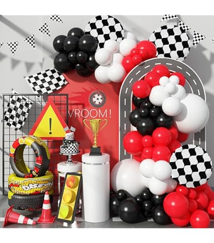 12 Ballons Aluminium Thème Course De Voitures - Pneus Et Damier Noir Et Blanc - Pour Anniversaire Enfant, Décoration Fête