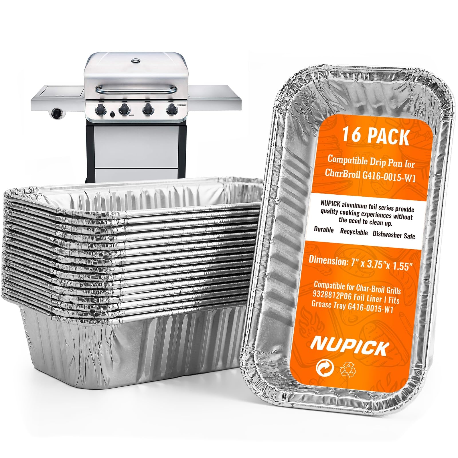 Photo 1 of NUPICK 16 Pcs Drip Pans Compatible with Char-Broil Grills 9328812P06 Grill Accessories for G416-0015-W1, Disposable Aluminum Foil Grease Trays, 11" X 5 "