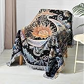 Shesyuki Boho Throw Blanket Reversible Cotton Bohemian Tapestry Hippie Room Decor Outdoor Blanket Double Sided (Boho Sun Black 50"x60")