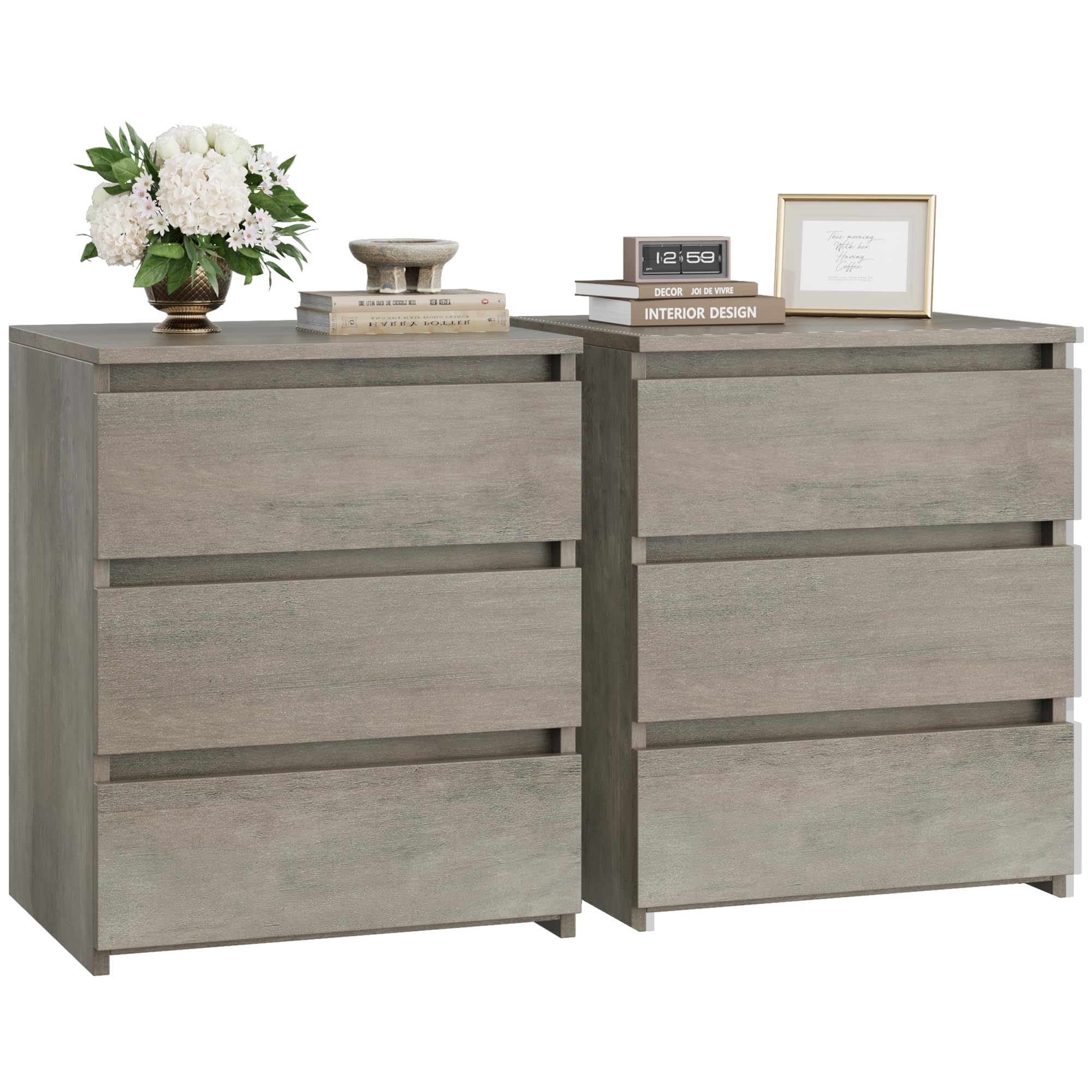FOTOSOK Nightstand Set of 2 Nightstand with 3 Drawers, Bedside Table Night Stand for Bedroom with Cut-Out Handle, Sofa Side Table 3 Drawer Nightstand for Bedroom, 17.7W*15D*21.7H, Vintage Grey