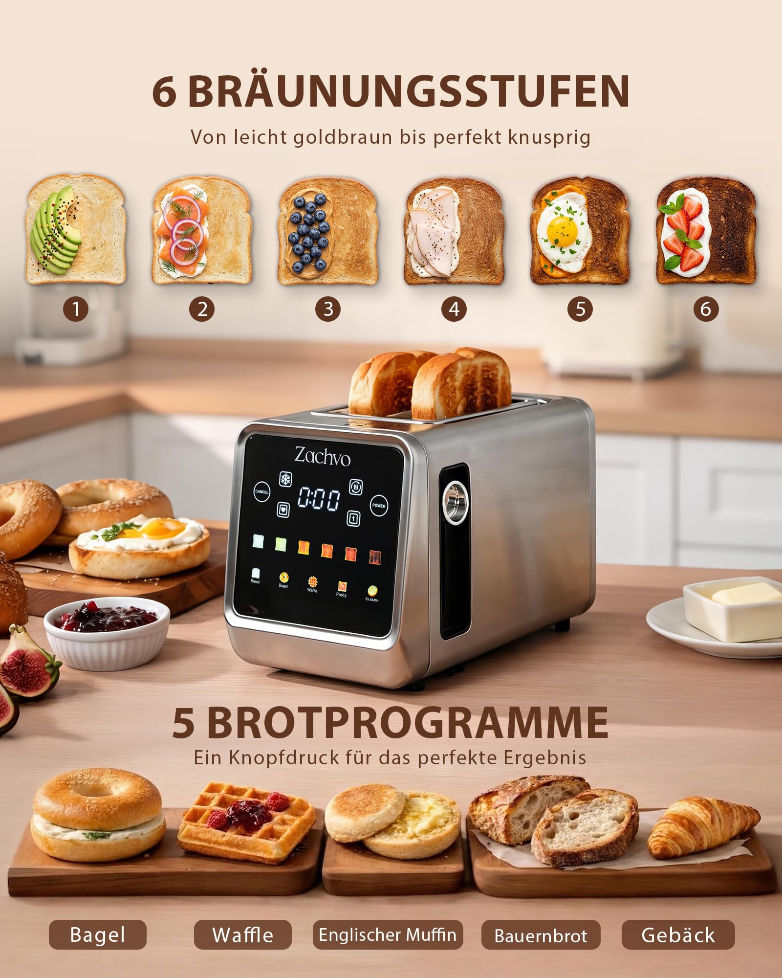 ZACHVO Toaster 2 Scheiben Edelstahl mit Smart Touchscreen & LED-Countdown, Intelligente Memory-Funktion, 3,5cm extra breite Schlitze, Einseitiges Rösten, inkl. Sandwich-Zange & Brötchenaufsatz, 850W 2