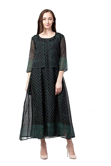 Block Printed Chanderi A-Line Kurta for Women (Black;)