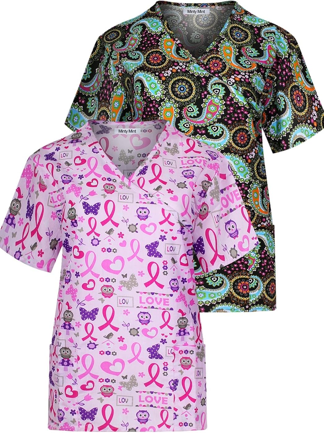Minty Mint Women's Medical Scrub Set With Printed Wrap Top