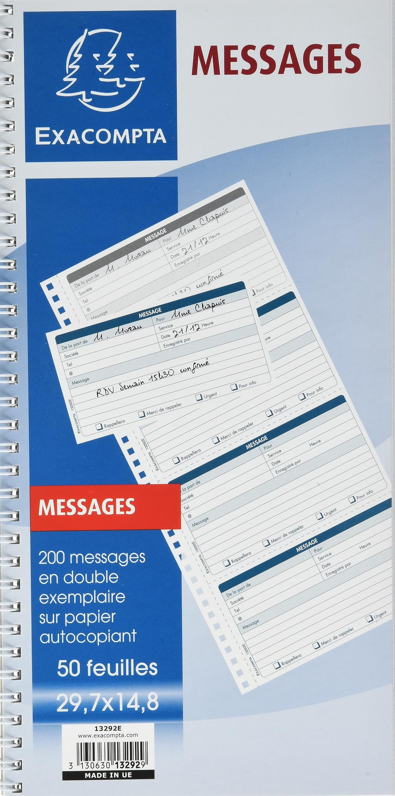 Exacompta - Ref. 13292E - 1 phone message spiral notebook (4 per page) - notebook of 200 detachable pre-printed carbonless messages - 50 dupli sheets - format 297 x 148 mm - FSC certified