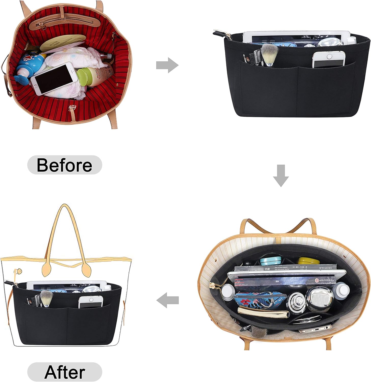 Soyizom Felt Handbag Organiser Purse Organiser Felt Insert Bag Organisers Multi Pockets Tote Bag in Bag for Women,Black-L - Image 5