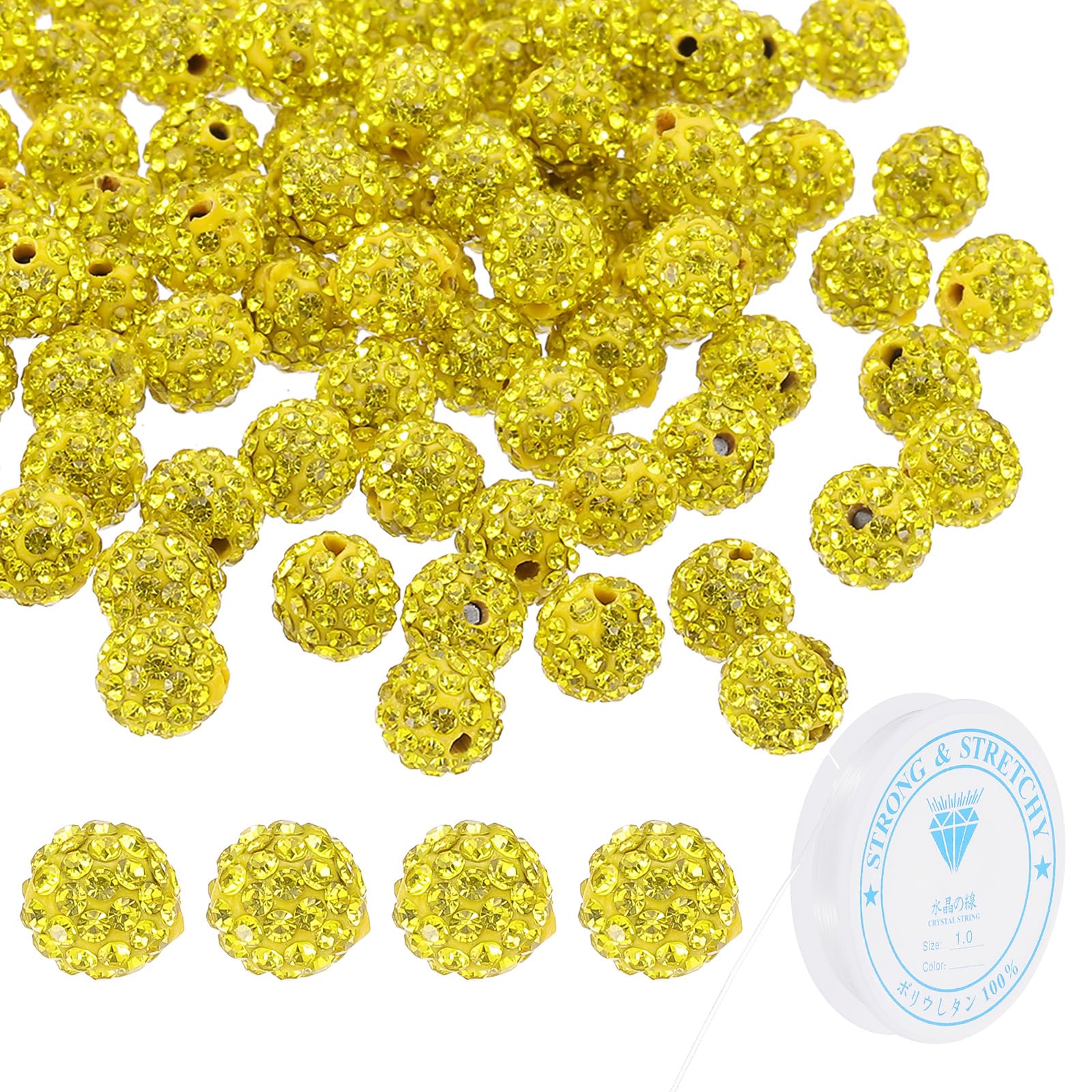 PATIKIL 10mm Rhinestone Clay Beads for Jewelry Making, 120 Pack Round Ball Polymer Clay Crystal Charm Beads with Elastic String for Craft Decor Necklace Chain Bracelets DIY, Lemon Yellow