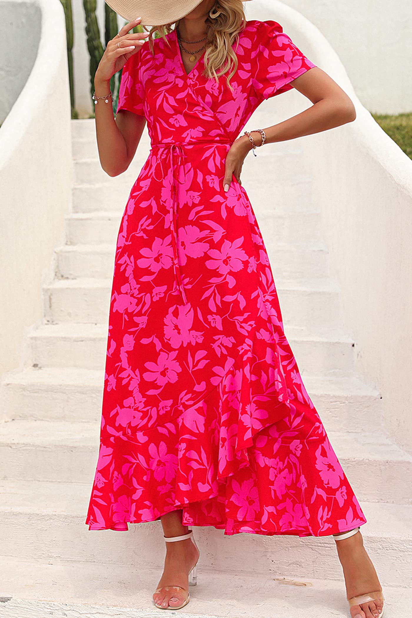 PRETTYGARDEN Women's Summer Wrap Maxi Dress Casual Boho Floral V Neck Short Sleeve Ruffle Hem Split Beach Long Dresses (Red Floral,X-Small) - Image 2