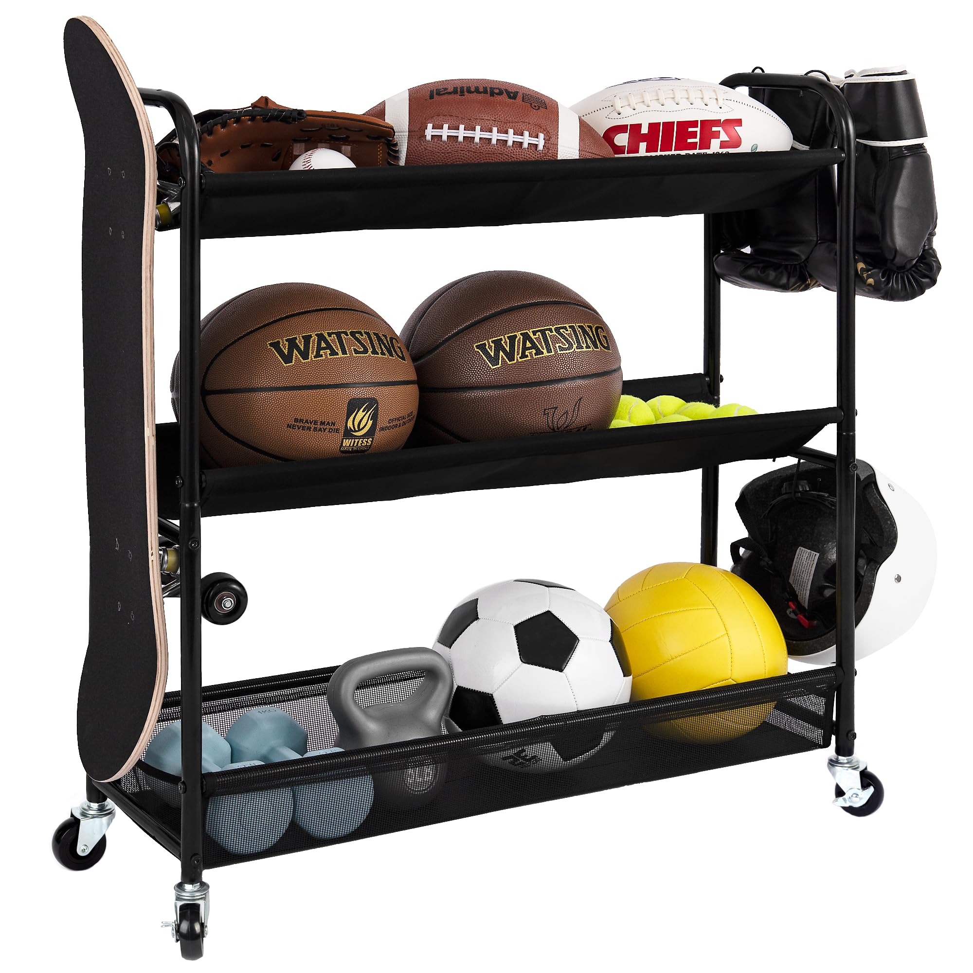View 1 of StorageWorks Sports Equipment Storage Organizer with Hooks, Ball Rack Organizing with Wheels, 3-Shelf Ball Rack for Basketball, Football, Volleyball, Medium