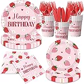 Strawberry Birthday Decorations for Girls, Berry First Birthday Plates and Napkins with Cups Forks and Knives Berry First Birthdays Decor Strawberry Party decorations for Fruit Theme Party, Serve 24