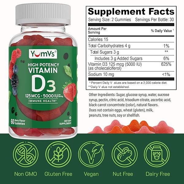 YUM-V’S VITAMIN D3 JELLIES, VITAMIN D 5000 IU, DAILY DIETARY SUPPLEMENT, MIXED BERRY FLAVOR CHEWABLE JELLIES, VEGETARIAN, GLUTEN-FREE AND KOSHER HALAL – 60 COUNT