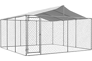 GLANZEND 13.1x13.1x7.6FT Outdoor Metal Dog Kennel with Roof, Large Heavy Duty Weather Resistant Galvanized Steel Dog Cage Fence House with Lock, Anti Rust Chain Link Enclosure Pen for Backyard